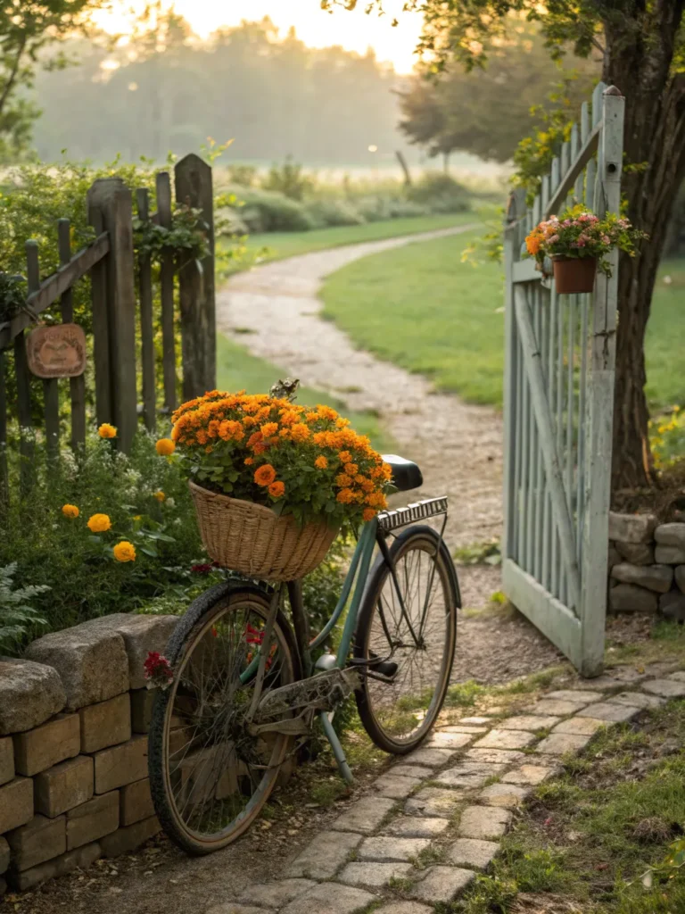 33 weathered bicycle with flower filled basket le