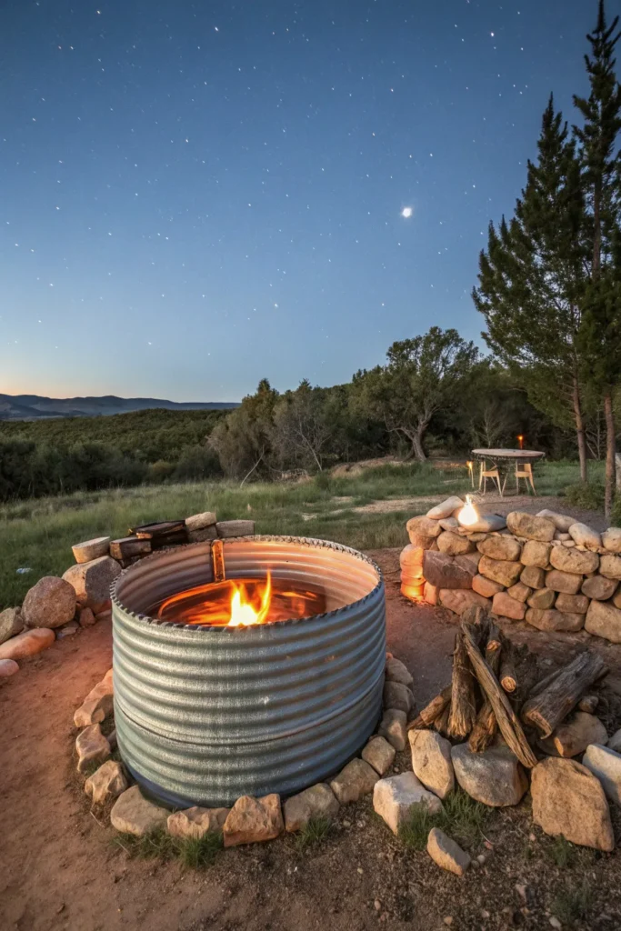 34 a circular fire pit made of recycled metal pip
