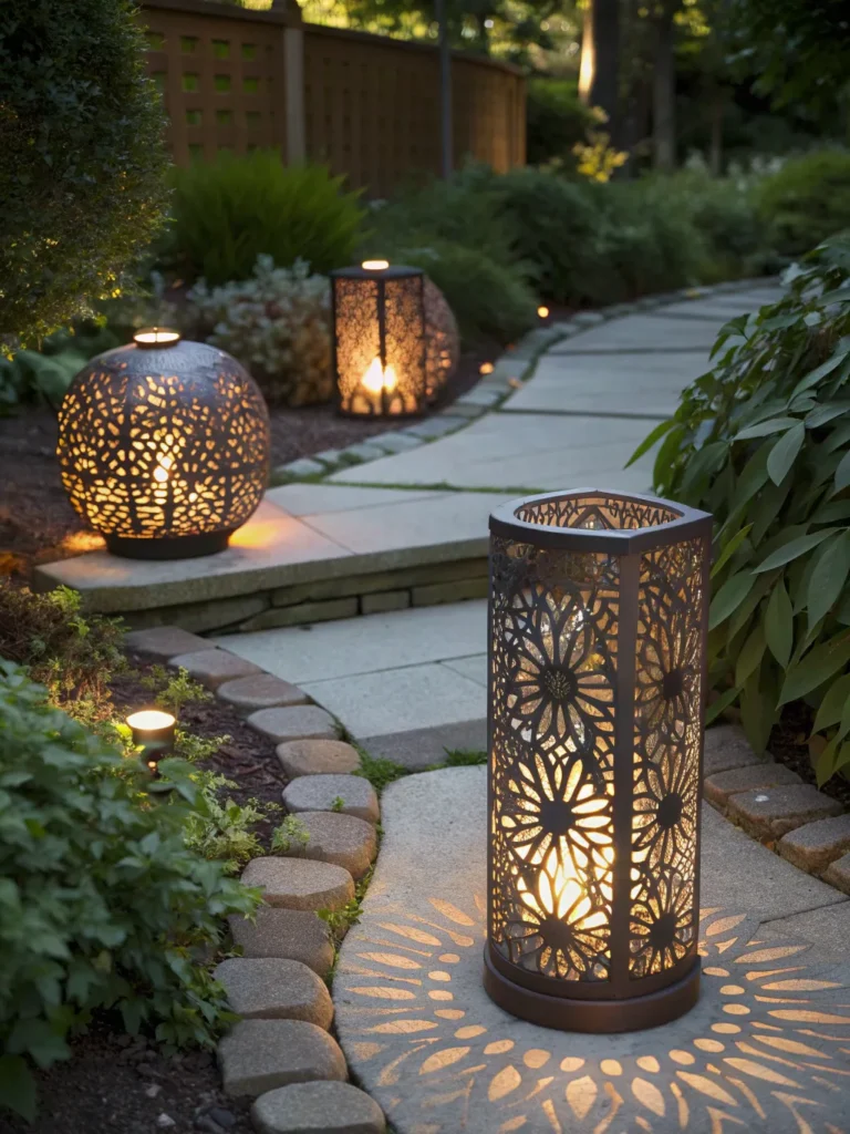 34 artisan cut metal lamps glowing on a garden pa