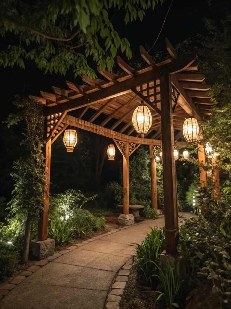 35 realistic image of a wooden arbor at night wit