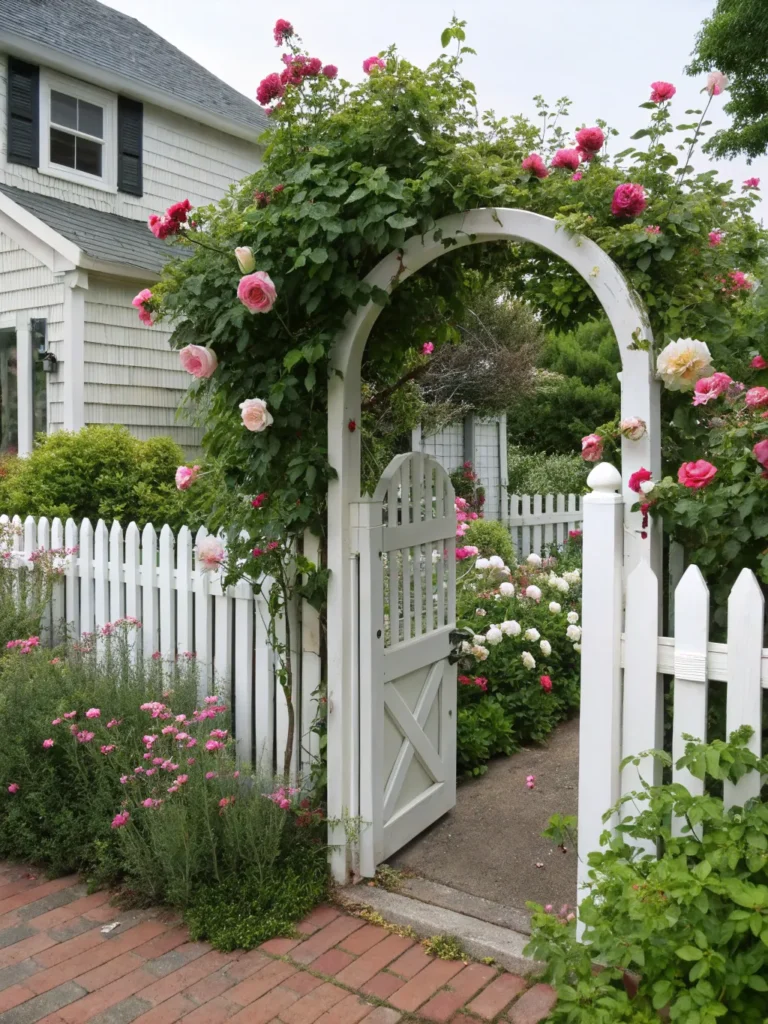 35 white picket fence with arched gate roses and