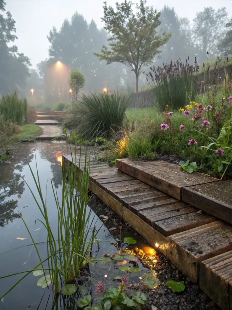 35reclaimed teak sleepers beside a rain garden we