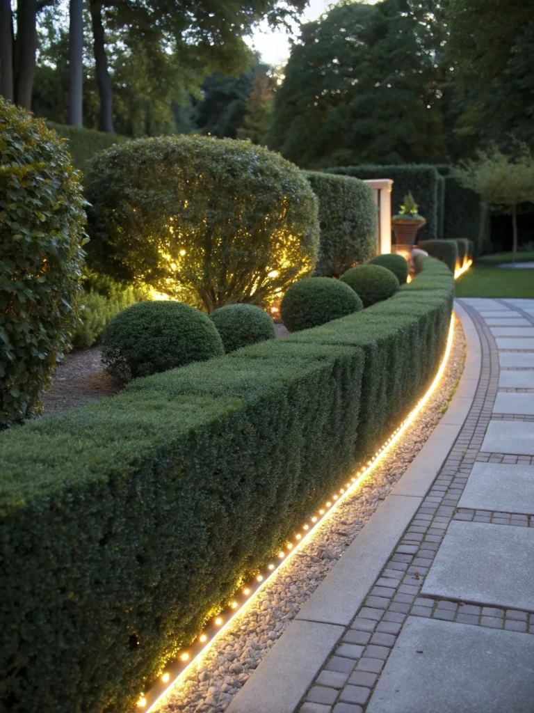 36 neatly trimmed hedges glowing subtly with buil