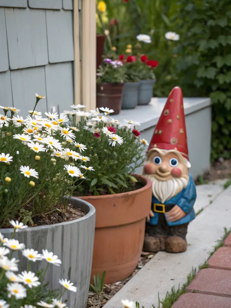 36 whimsical gnome statue peeking from behind flo