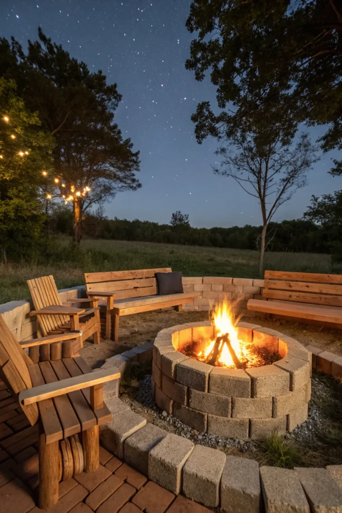 37 a rustic fire pit made of stacked cinder block