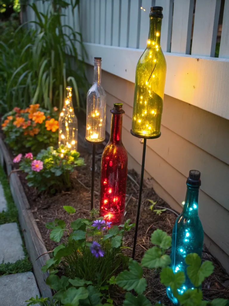 37 colorful glass bottles mounted on stakes with