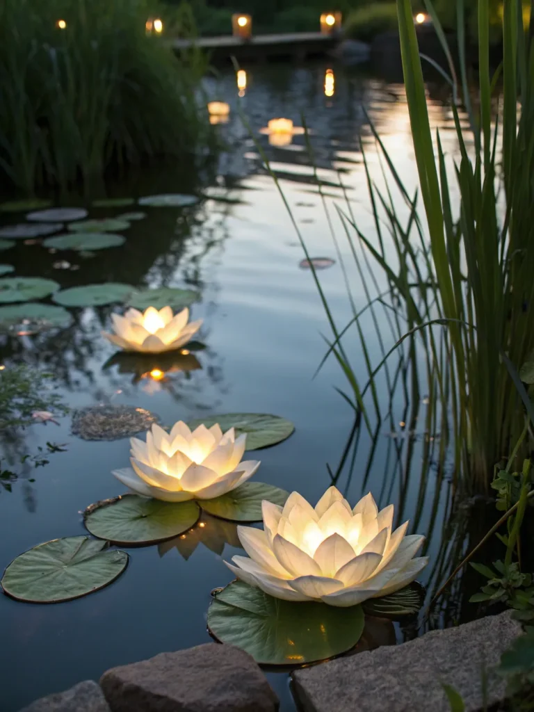38 lily pad shaped lights floating in a pond sof
