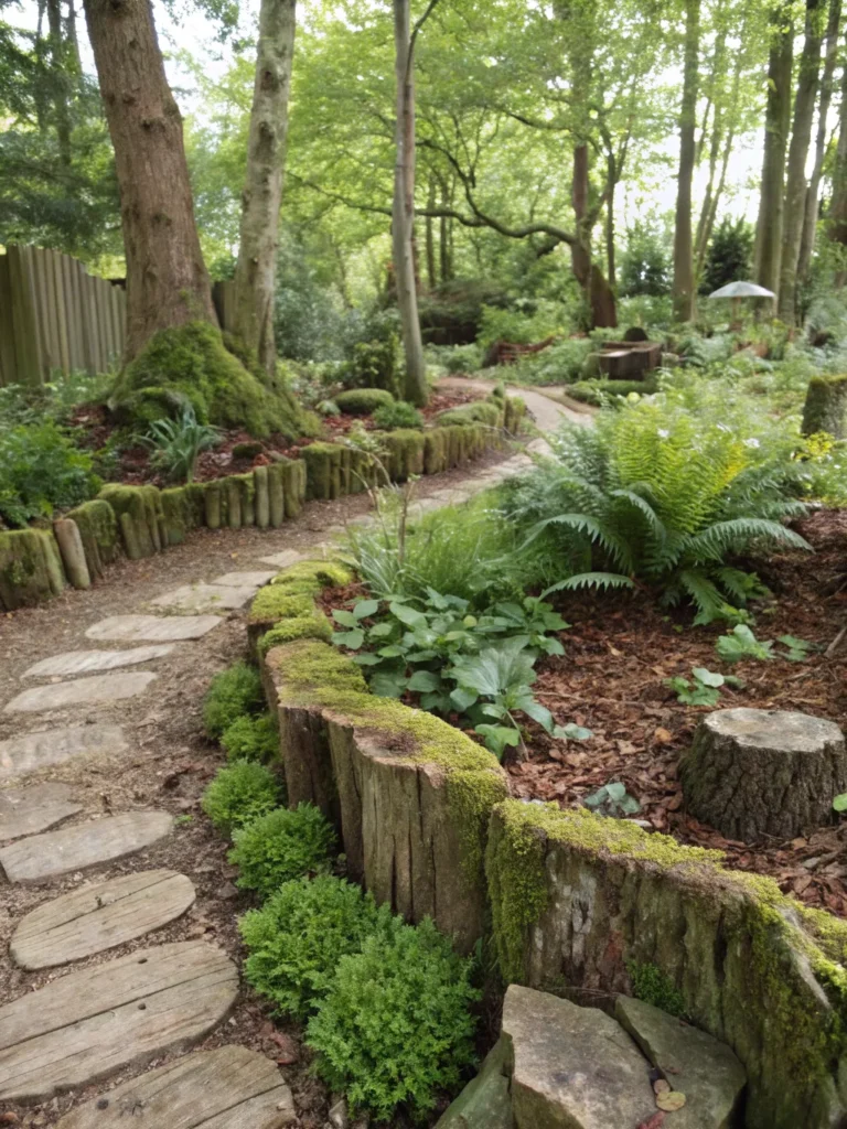 3natural woodland garden with rustic timber border