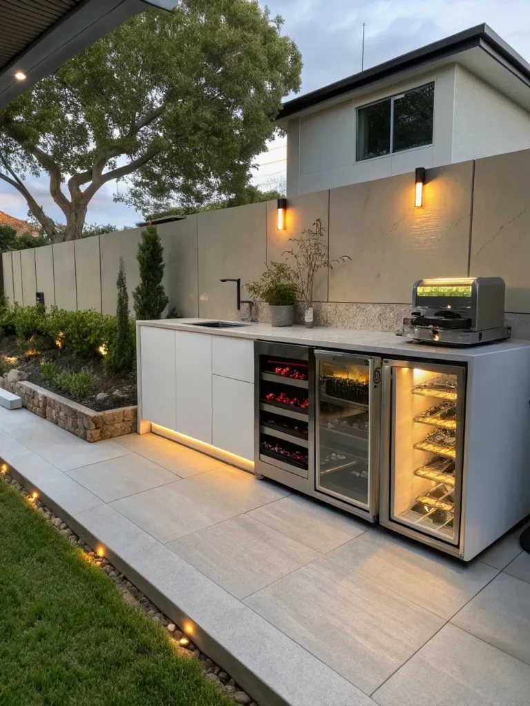 3realistic photo of a modern outdoor kitchen featu