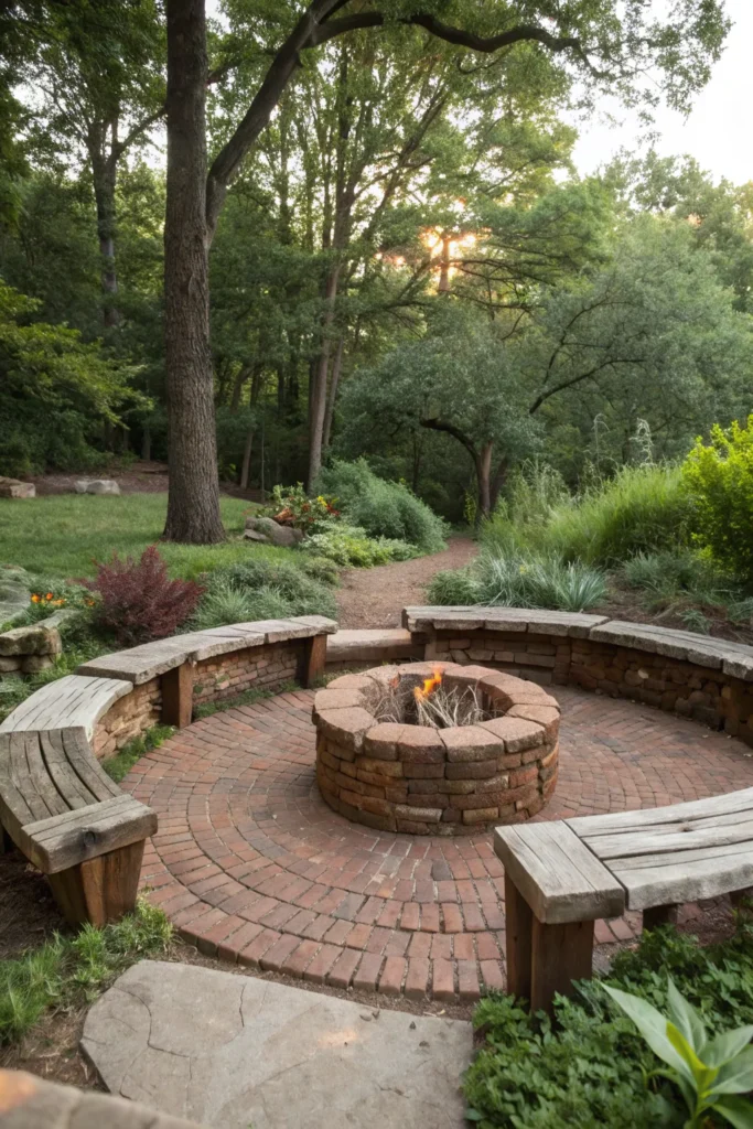 4 a brick fire circle surrounded by rustic seatin