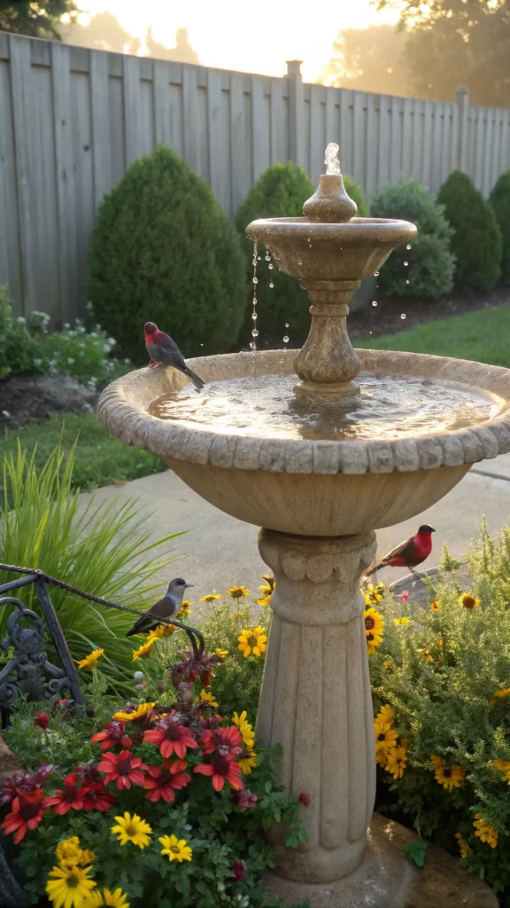 4 antique style stone bird bath with gentle water