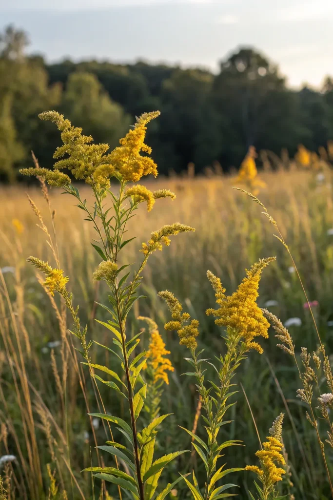 4 goldenrod tall goldenrod spikes glowing in the