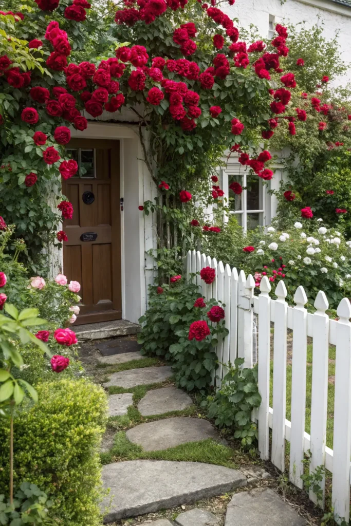 4 lush front garden with deep red roses charming