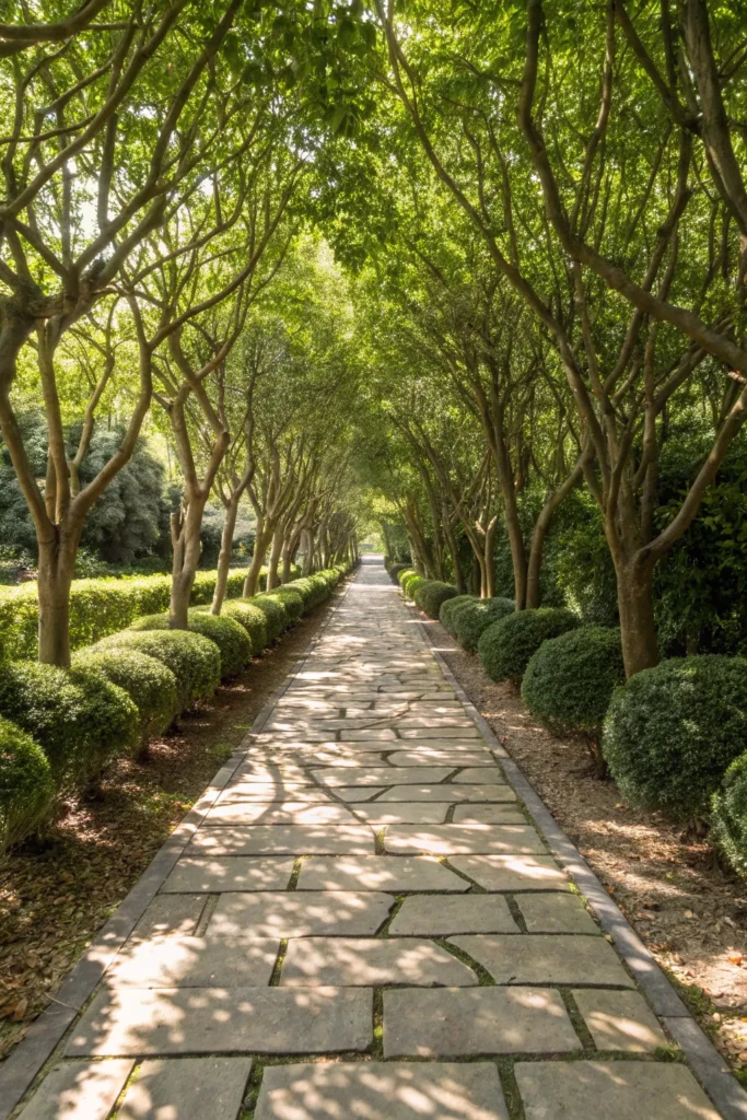 4 tree lined garden paths a long stone pathway
