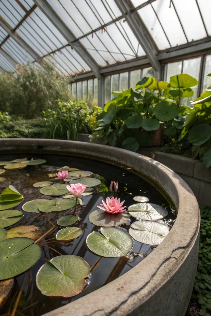 4 water lilies a shallow pond container inside a