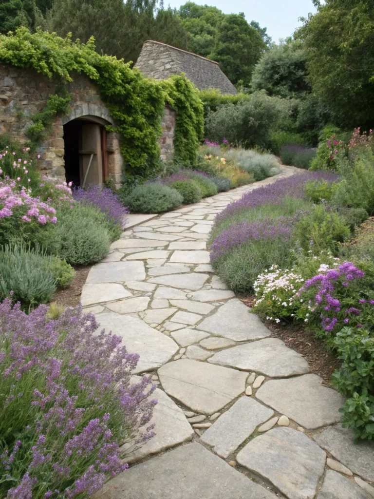 4 winding stone garden path made of irregular fla