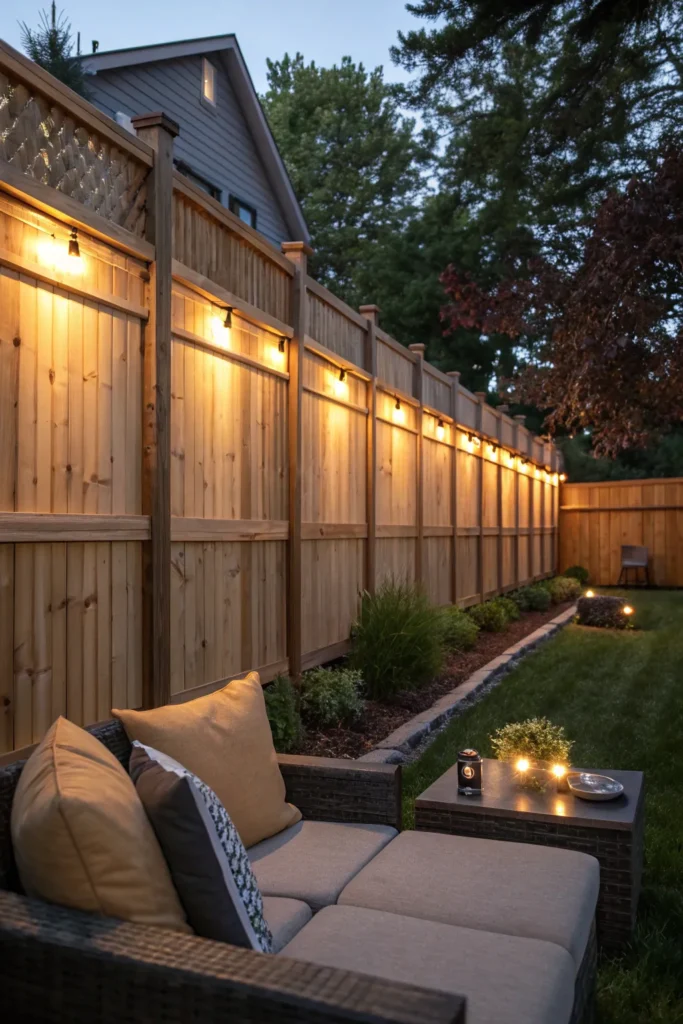 4 wooden fence with led lights evening backyard