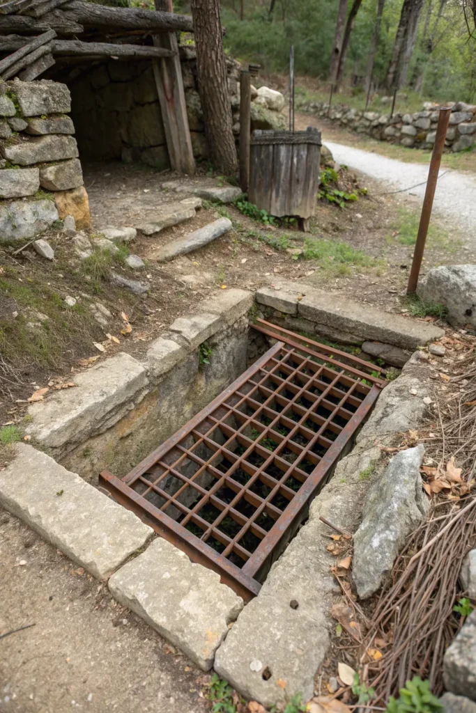 40 a rusted metal grate pit surrounded by rustic