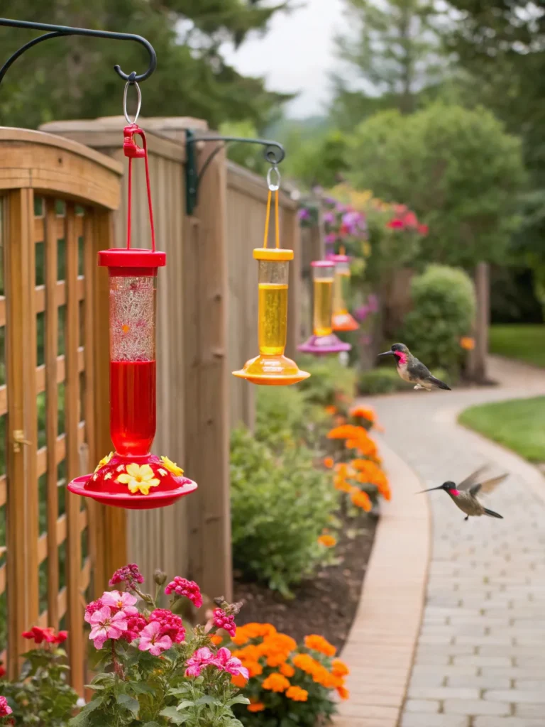 40 row of colorful hummingbird feeders hanging ab