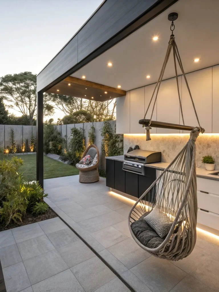 40realistic photo of a modern outdoor kitchen feat