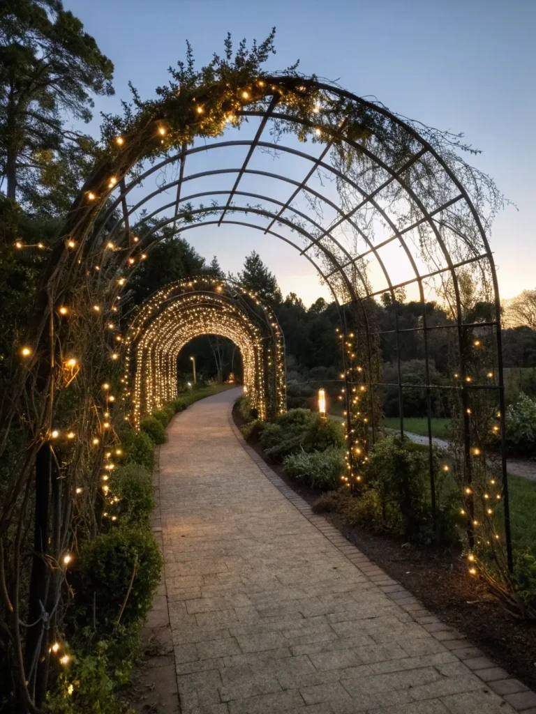 41 garden arch wrapped with solar string lights g