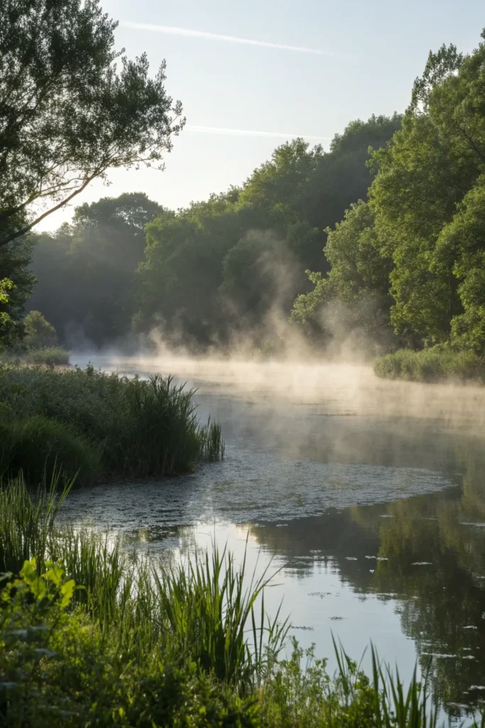 41 misting pond a pond with mist rising above