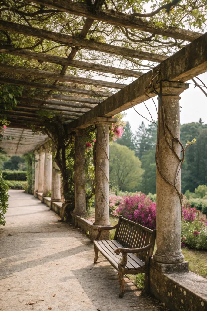 41 vintage vine laden retreat pergola aged beam