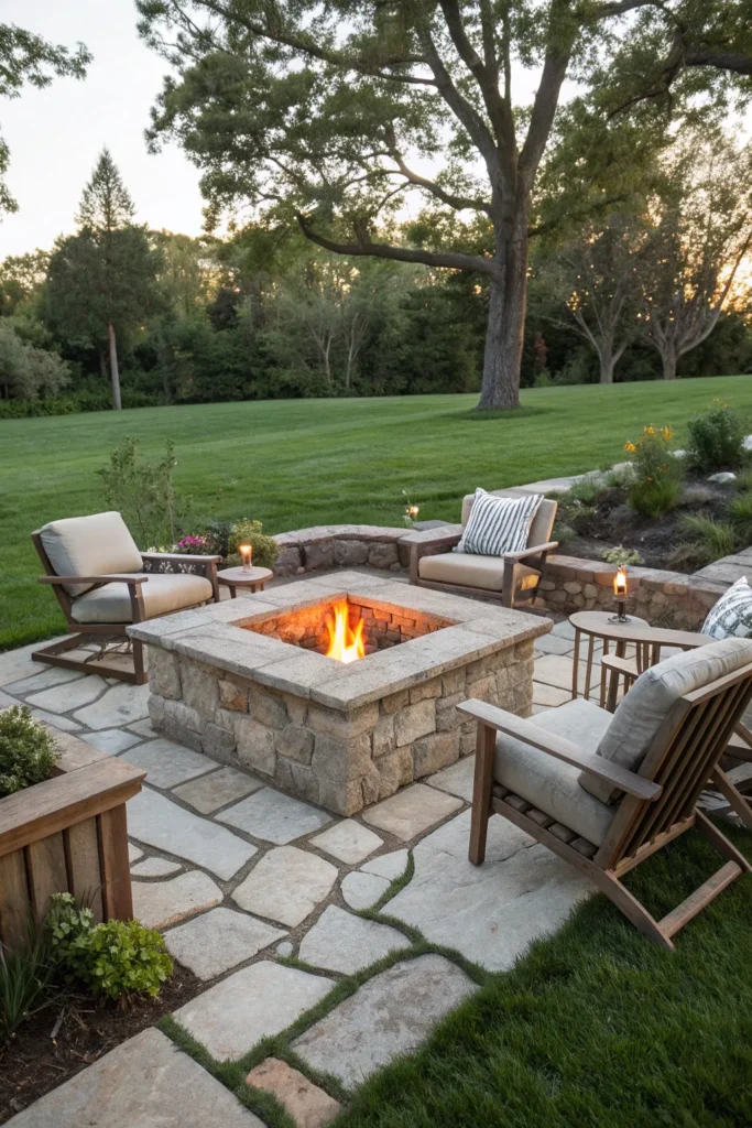42 a square stone fire pit surrounded by rustic o