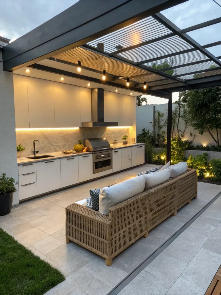 42realistic photo of a modern outdoor kitchen feat
