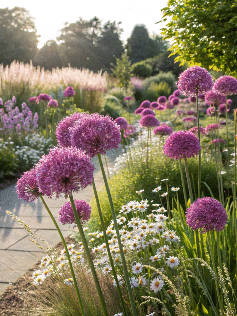 42realistic photo of a sunny border garden filled