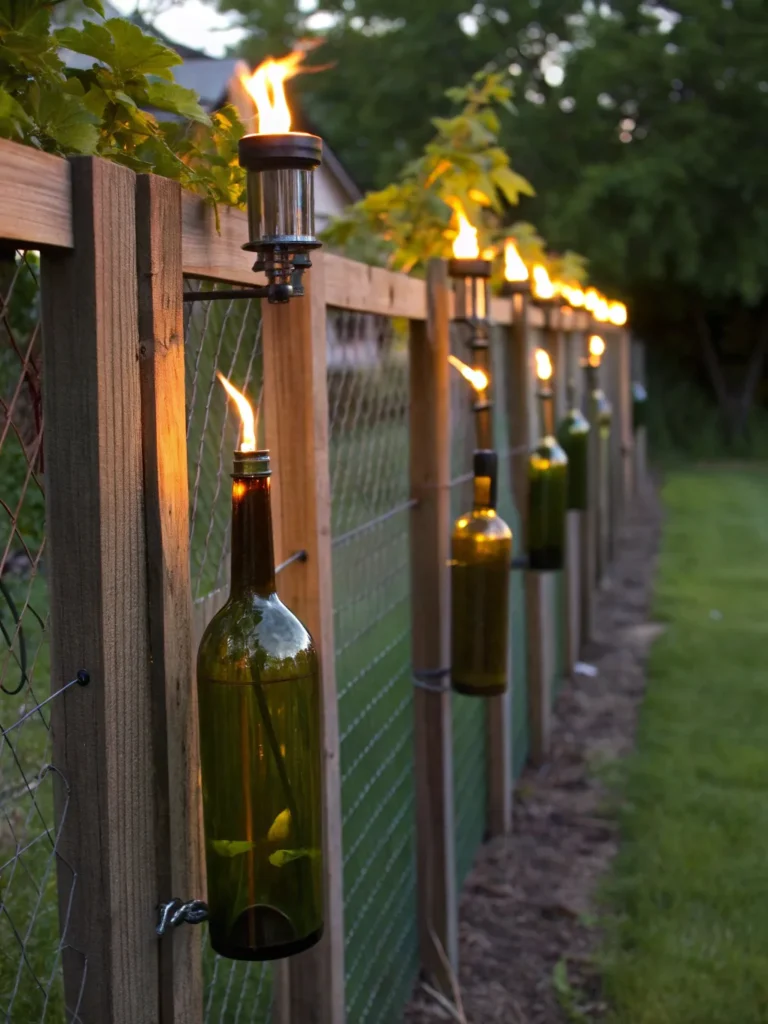 43 upcycled wine bottles mounted on posts lit wi