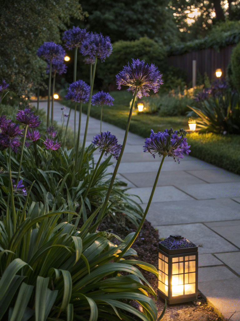 44 agapanthus midnight star evening lit border