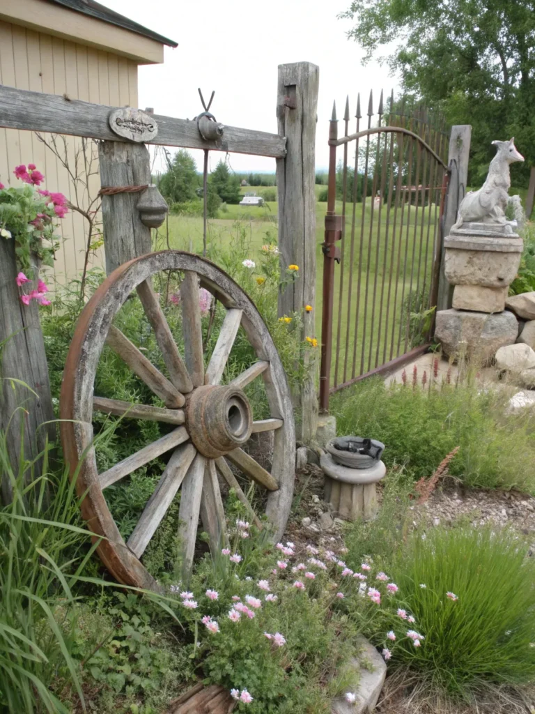 44 old wooden wagon wheel attached to fence gate