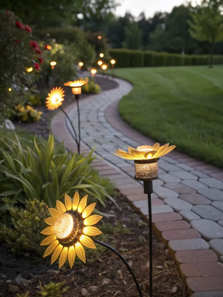 44 sunflower shaped solar lights lining a garden