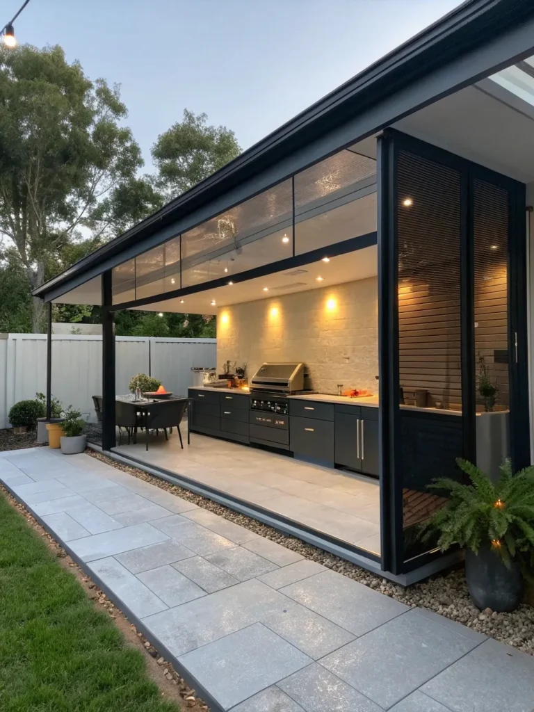 44realistic photo of a modern outdoor kitchen feat