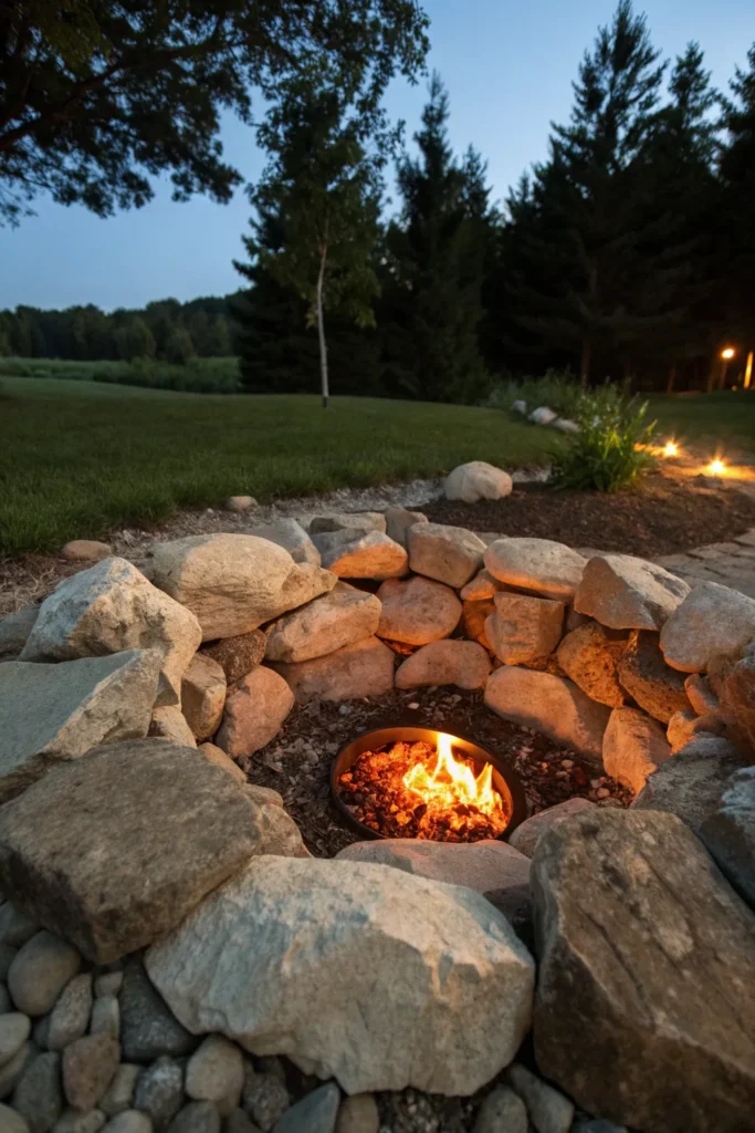 49 a circle of rocks surrounds a rustic fire pit
