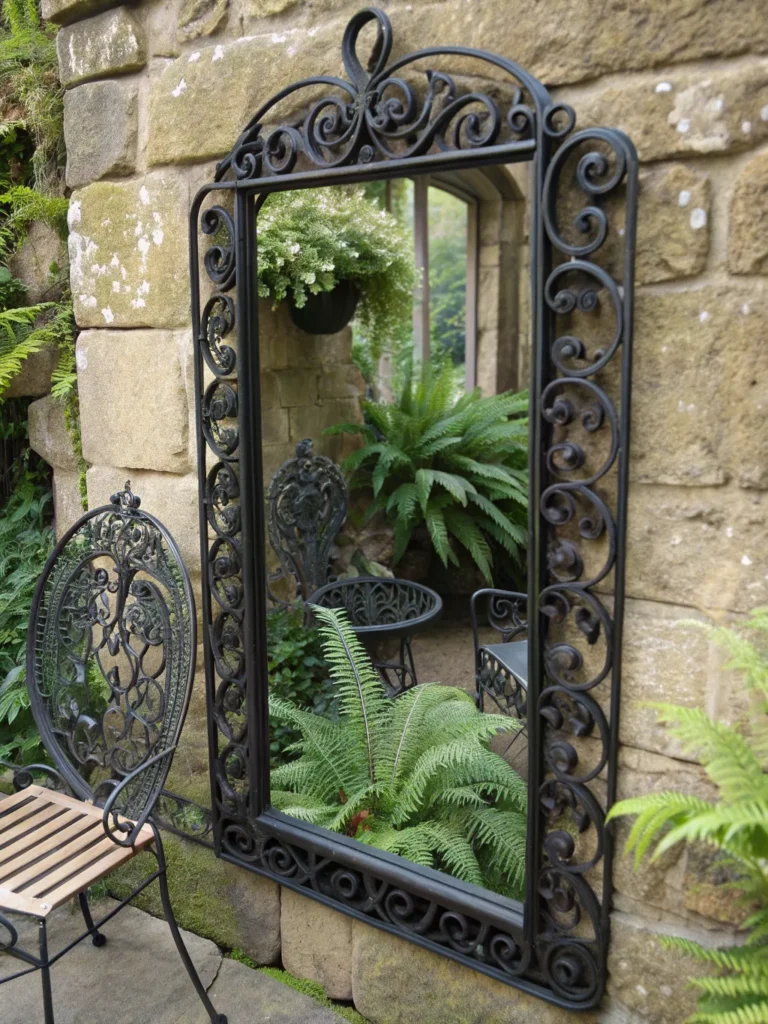 5 an ornate black wrought iron framed mirror with