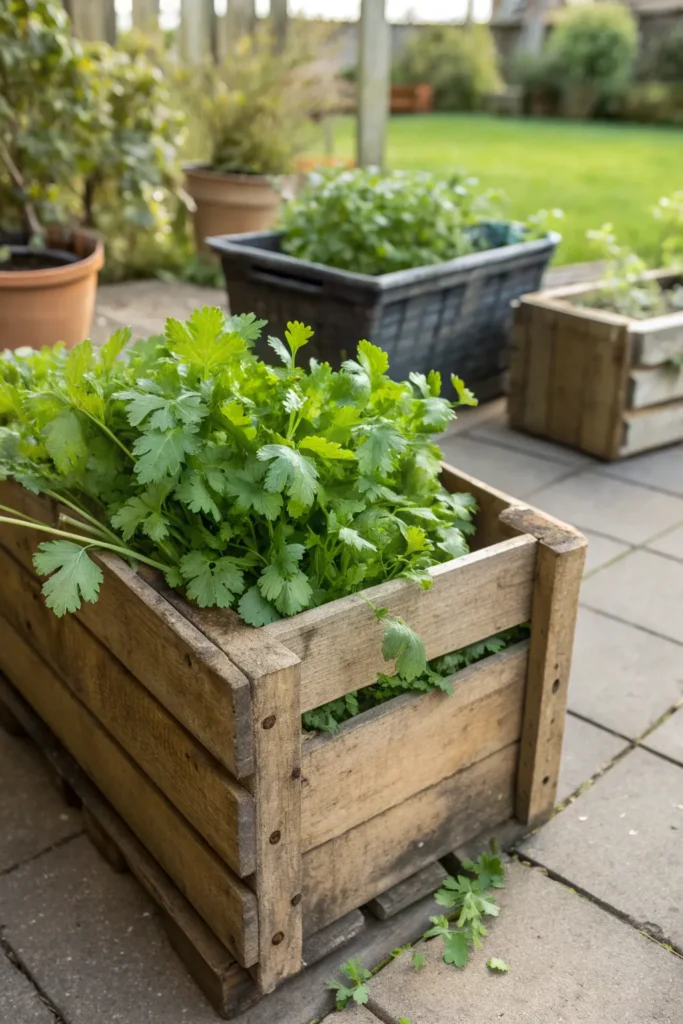 5 cilantro in an old wine crate a vintage wood