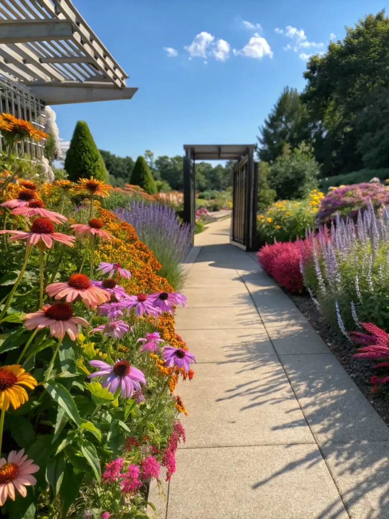 5 entrance path lined with vivid flower beds of c