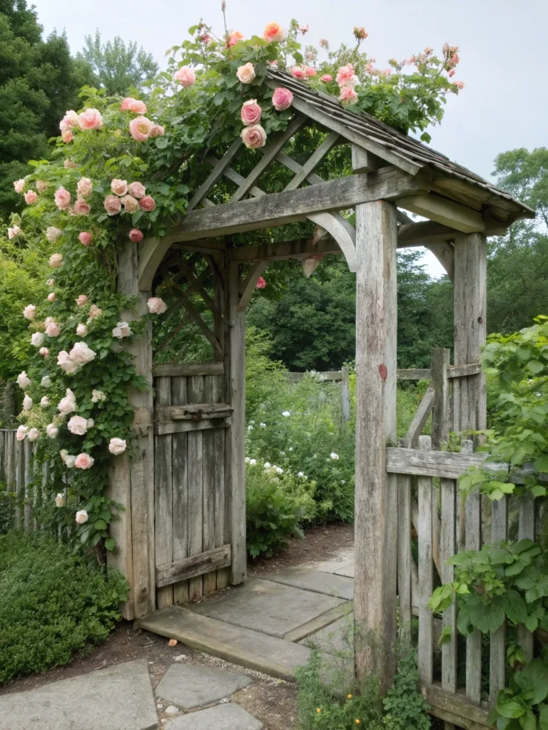 5 realistic image of a weathered wooden arbor at