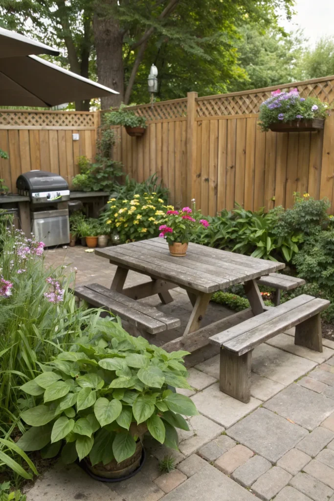 5 rustic wooden picnic table patio bbq area ideas