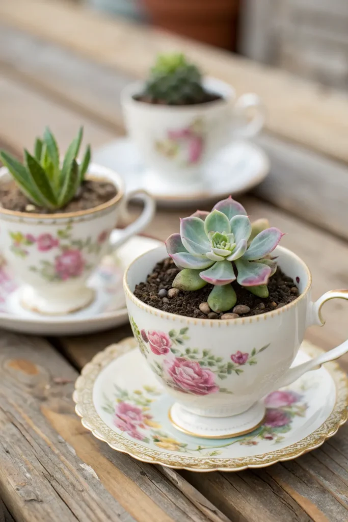 5 teacup succulent planter close up of vintage