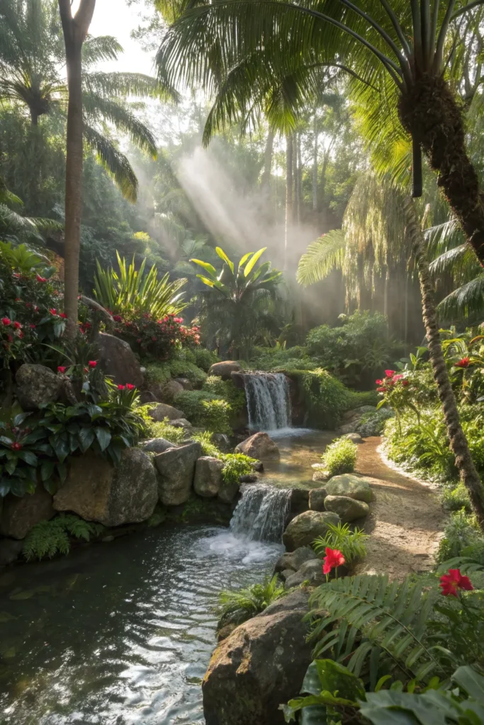 5 tropical garden with a waterfall feeding into