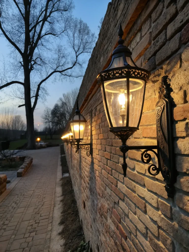 50 antique style wall lanterns mounted on a brick
