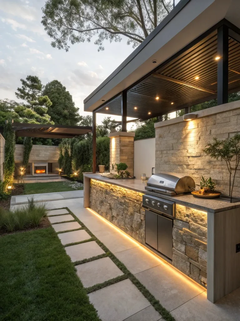 5realistic photo of a modern outdoor kitchen featu