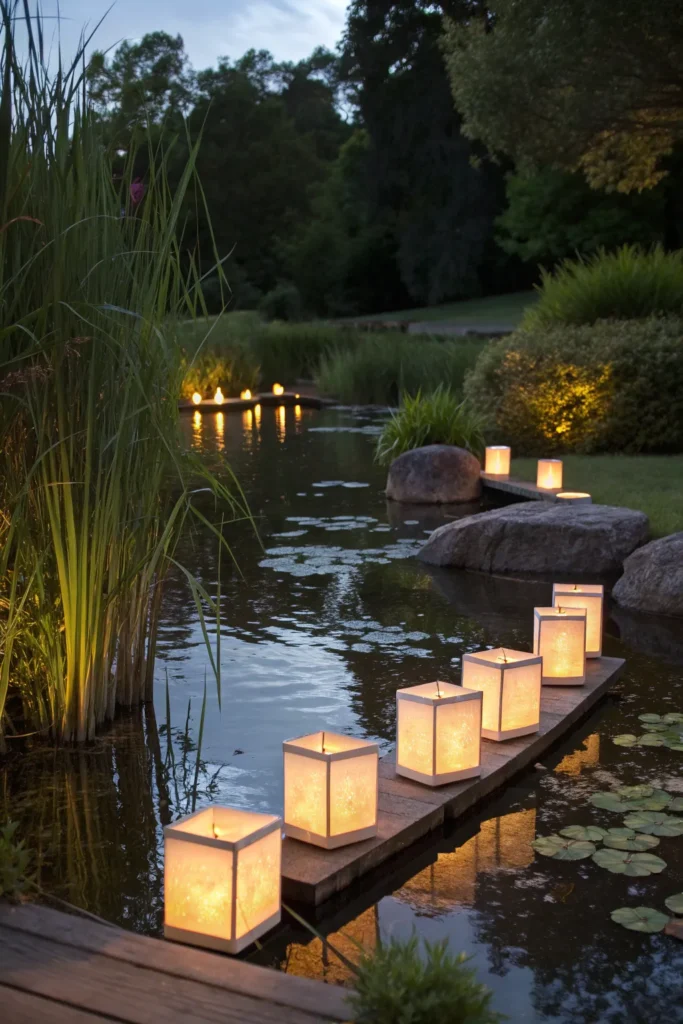 6 floating solar lanterns drifting gently across