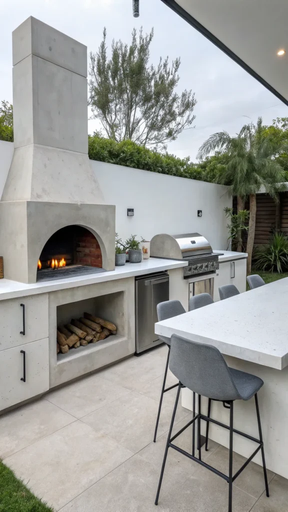 6 minimalist outdoor kitchen with concrete firep