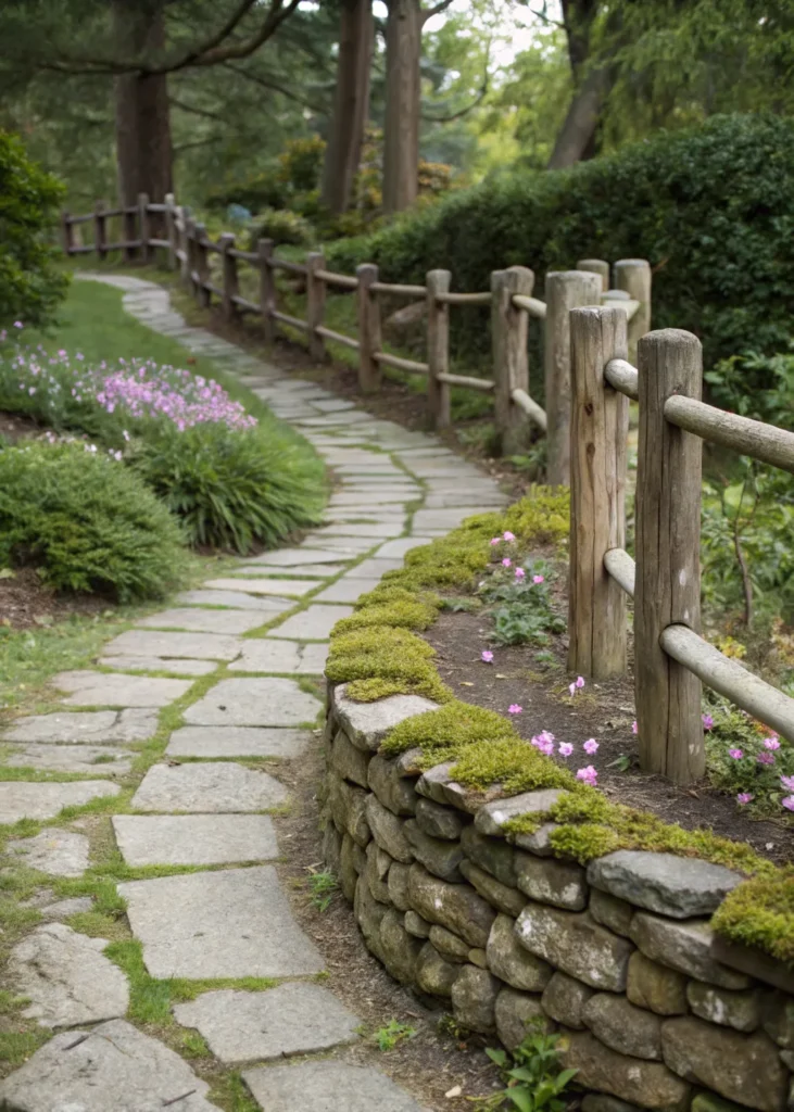 6 winding stone and wood garden fence generate a