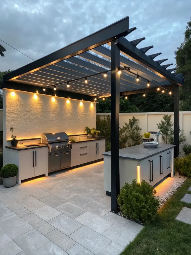 6realistic photo of a modern outdoor kitchen featu