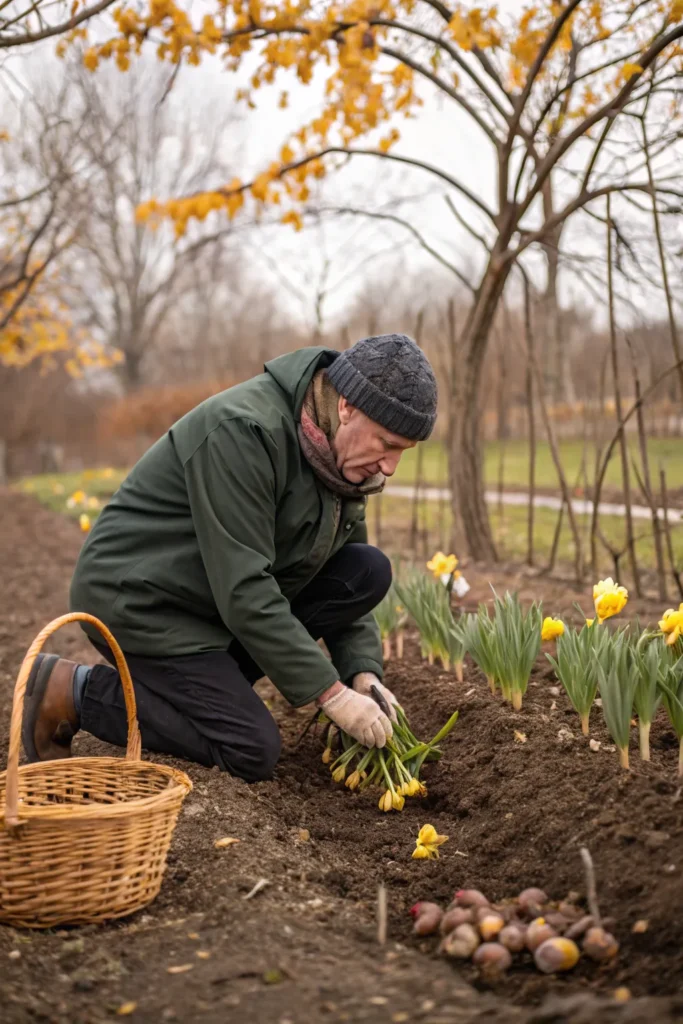 7 plant spring blooming bulbs a gardener kneelin